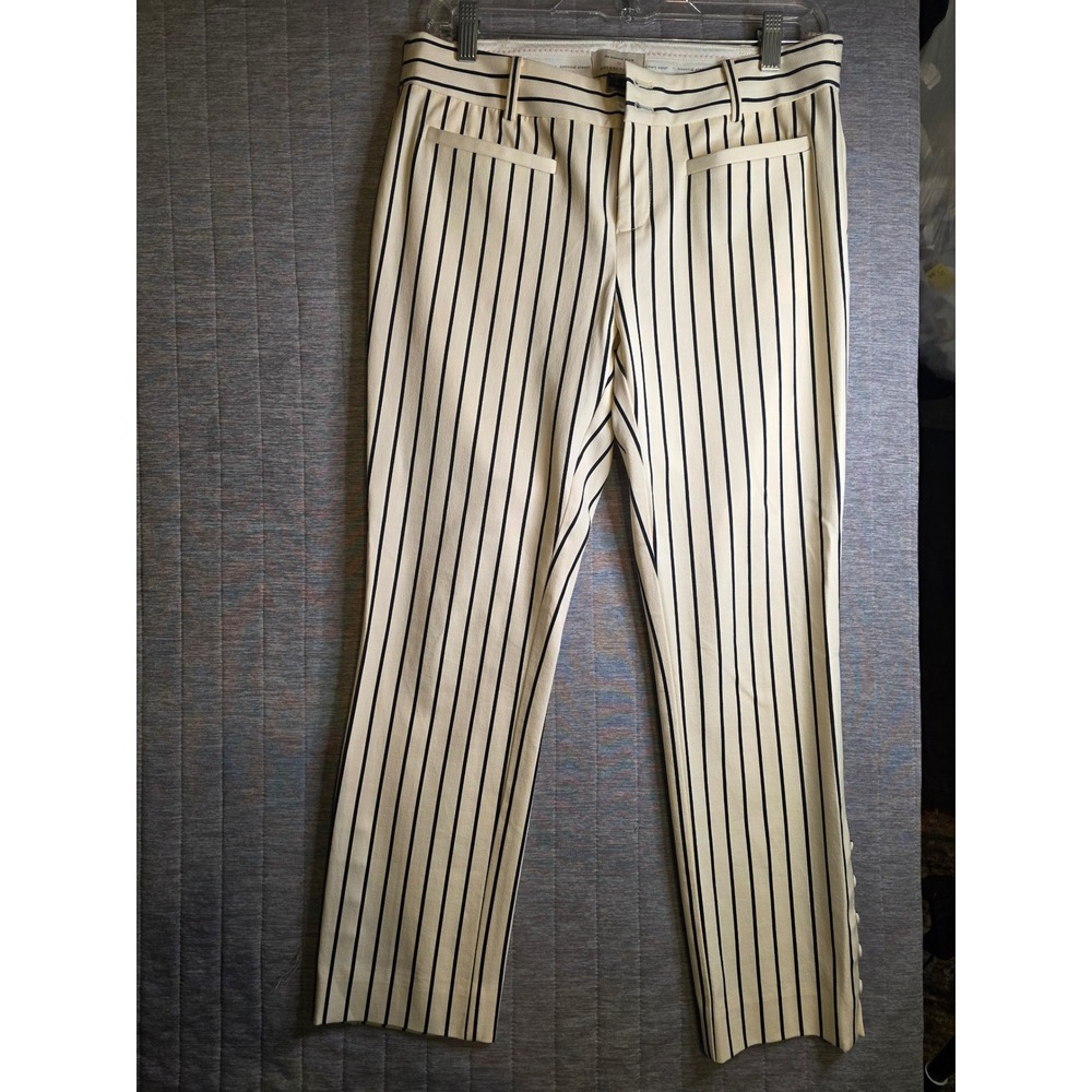 1479 Anthropologie The Essential Slim Striped Ankle Pants Cream Navy Blue Size 6